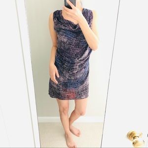 Flounce cowl draped neck long back zip silk dress